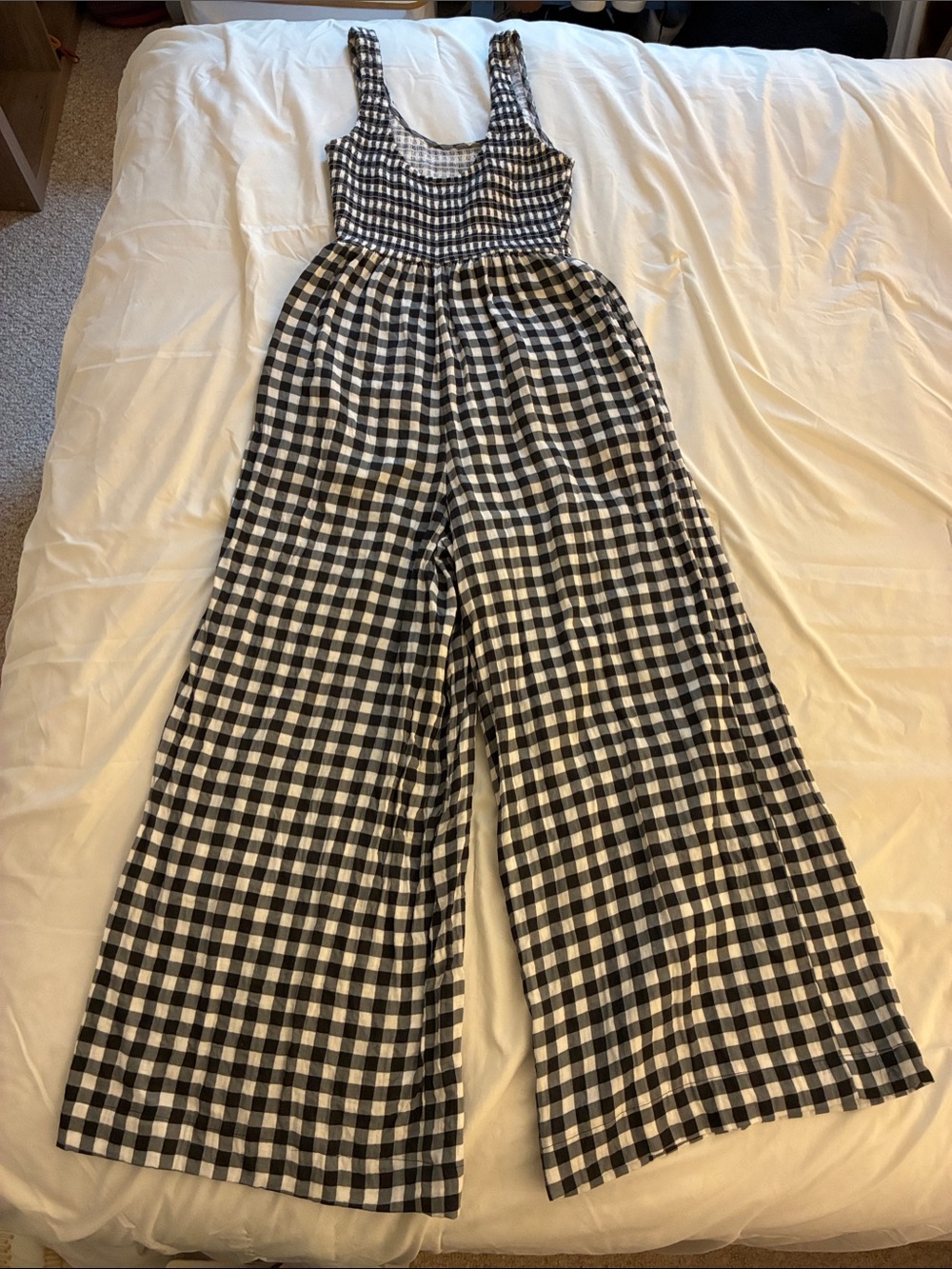 ASOS Black and White Gingham Smocked Wide-Leg Jumpsuit